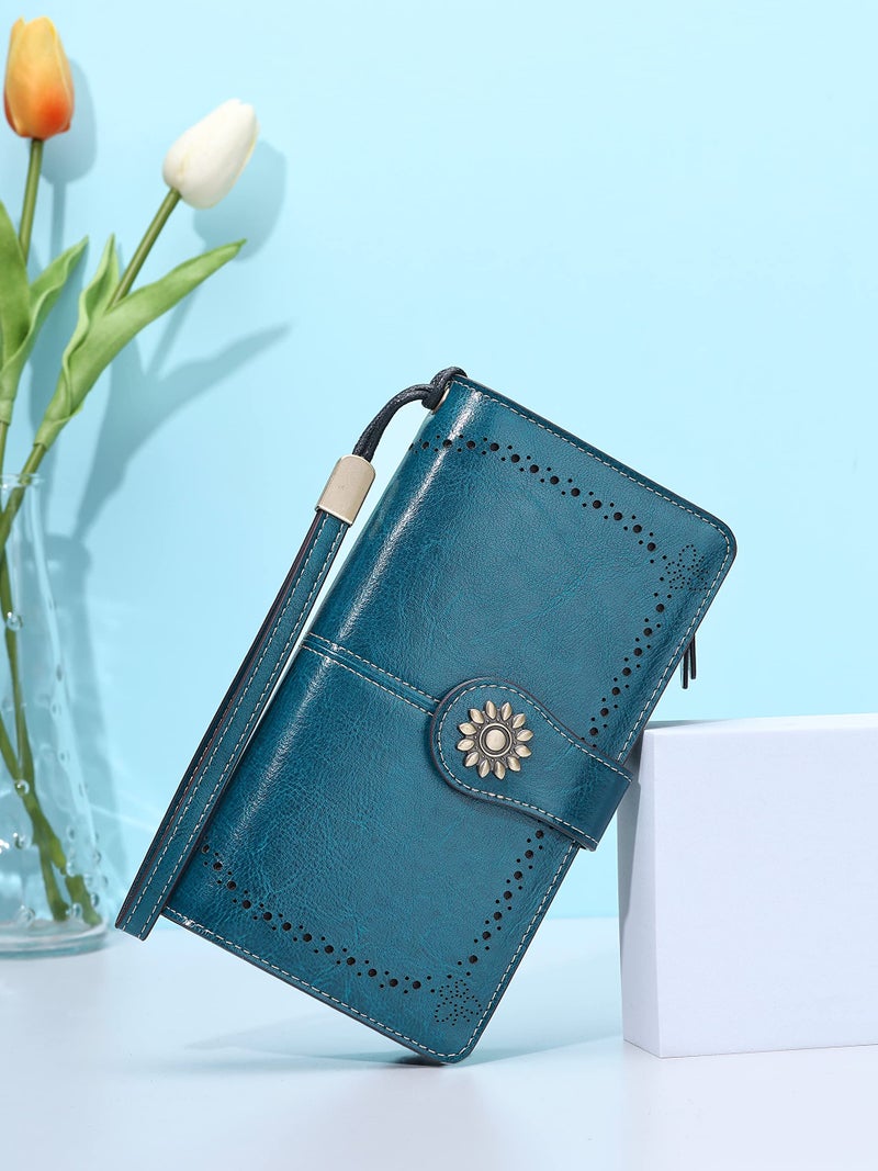 Lavemi Womens Large Capacity Genuine Leather RFID Blocking Wallets Wristlet Clutch Card Holder(1- Peacock Blue) - Image 2